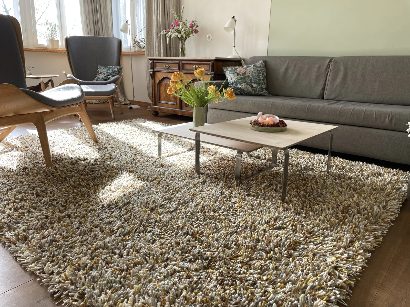 Wohnzimmer mit strukturiertem Hochflorteppich auf Holzboden
